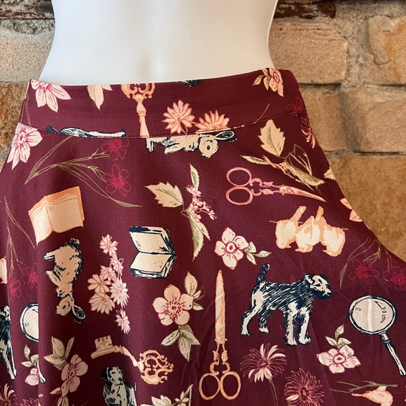 Modcloth Mystery Assistants Burgundy Midi Skirt Animal Dark Academia Sz XS - Picture 2 of 6